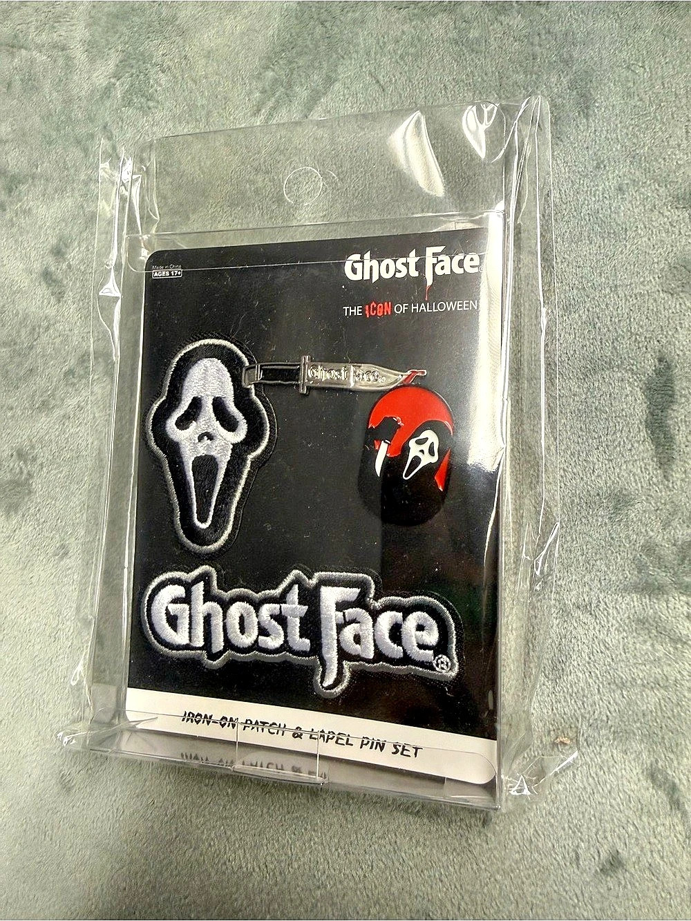 Ghost Face Iron-On Patch & Lapel Pin Set Black NWT